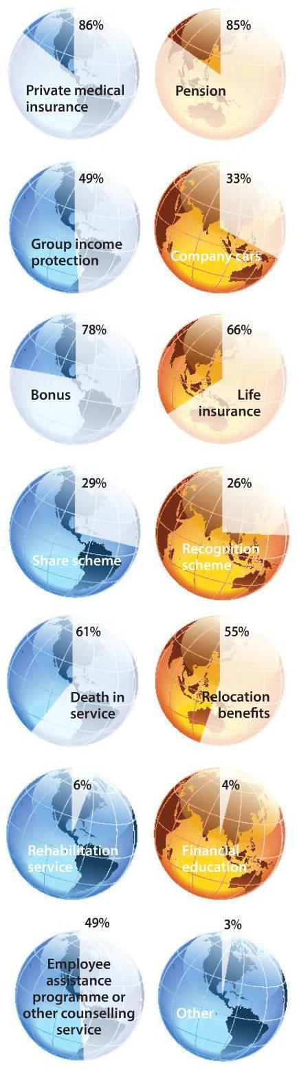 Stats showing the type of benefits offered to staff situated outside the UK